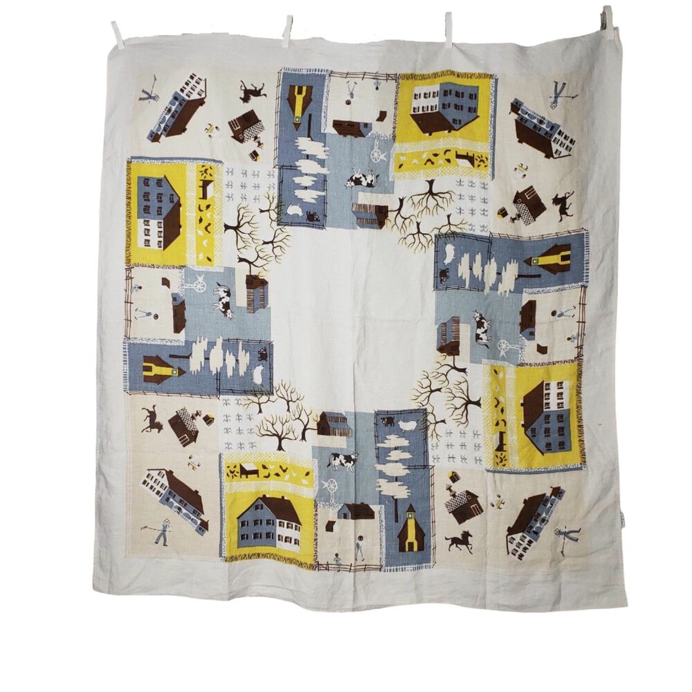 LEACOCK PRINTS Vintage White Blue and Yellow Country Farmhouse Square Tablecloth